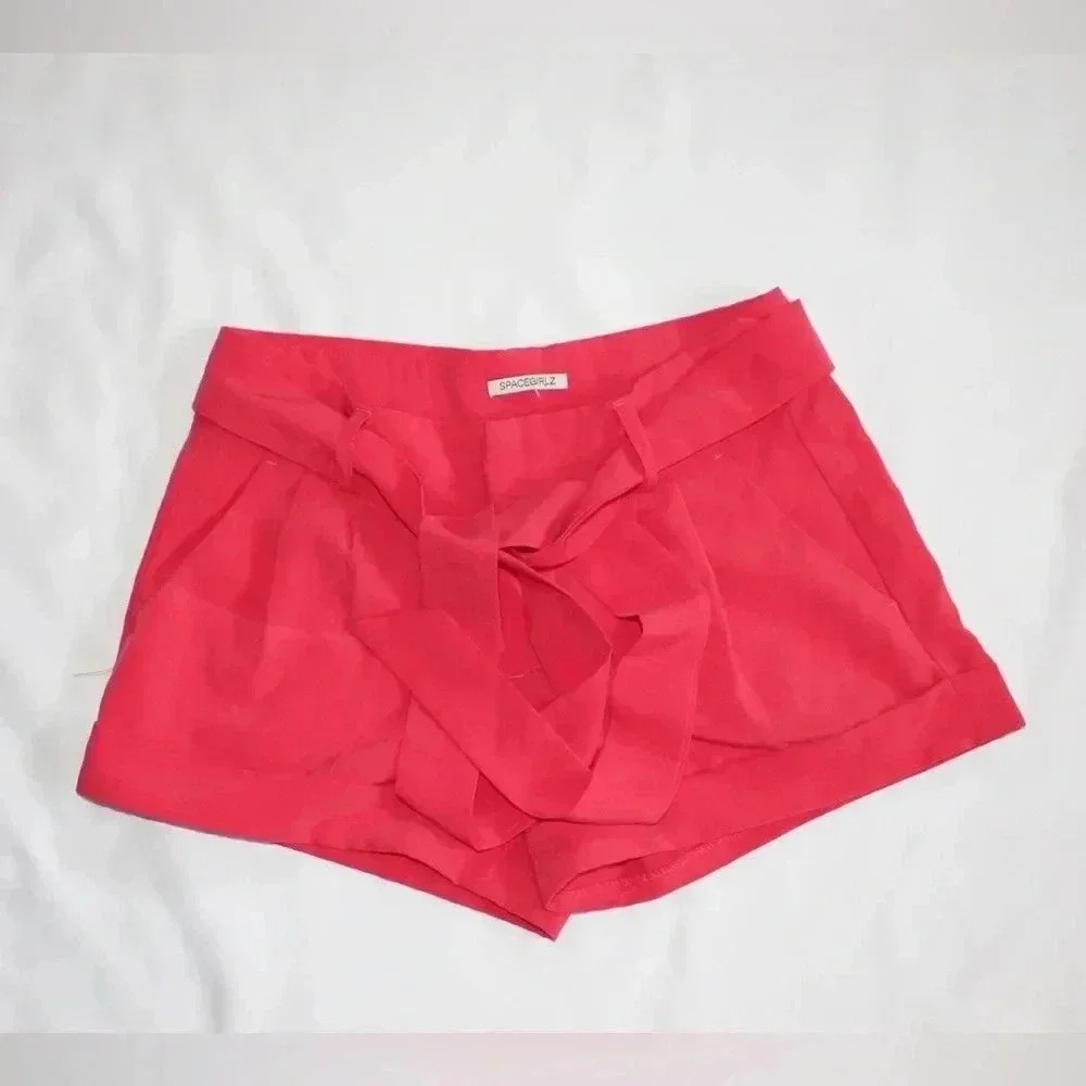 Spacegirlz Pleated Hot Pink Paperbag Belted Tie Cuff Shorts Size 5 Summer Beach